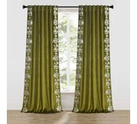 Roslynwood Luxury Velvet Olive Green Curtains Back Tab 90 Inches Long, White Flower Embroidered Olive Curtains Farmhouse Country Panels, Window Drapes for Living Bedroom, 52W x 90L Inch, 2 Panels