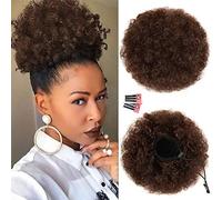 Rosmile Afro Ponytail Extension for Black Women Premium Medium Brown #4 80g Synthetic Short Afro Ponytail for Natural Hair Curly Bun with String