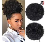 rosmile Afro Puff Clip On Synthetic Ponytail Extension for Black Women, 80 g, 1B# Short Kinky Bun for Natural Hair