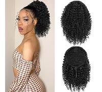 rosmile Curly Ponytail Extension for Black Women 10 Inch Natural Cord with Two Clips Synthetic Afro Women #1B
