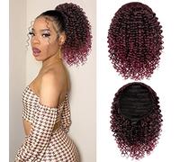 rosmile Short Ponytail Extensions for Black Women 10 Inch Natural Black to Burgundy Ponytail Curly Ponytail with Cord with Two Clips