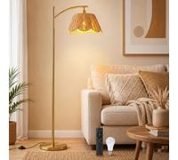 Rosnek 170cm Boho Gold Floor Lamp, Rattan Standing Lamp with Remote Control and Foot Switch, 3 Color Stepless Dimming, Timer, 12W E27 Smart Bulb Included for Living Room Bedroom Office
