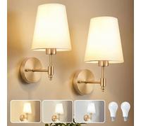 Rosnek 2 Sets of Fabric Wall Sconce Light Fixture with LED Bulb, Vintage Gold Wall Lamp with White Linen Shade, Classic Indoor Sconce for Bedroom, Living Room, Hallway, Entryway, Brass Finish
