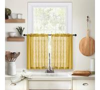 Rosnek Linen Blend Kitchen Curtains, 2 Pack Short Premium Linen Look Semi Sheer Net Curtains, W 25'' * L36'' Kitchen Curtain for Windows, Suitable for kitchen, living room, bedroom (Yellow)