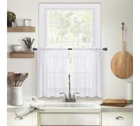 Rosnek Linen Blend Kitchen Curtains, 2 Pack Short Premium Linen Look Semi Sheer Net Curtains, W 25'' * L36'' Kitchen Curtain for Windows, Suitable for kitchen, living room, bedroom (White)