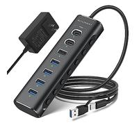 Rosonway - 7-port USB 3.2/USB C hub with 10Gbps USB-A 3.2, 2 USB-C 3.2, 4 USB 3.0 ports, individual switches and 12V power adapter, USB port expander
