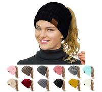 Rosoz Womens Ponytail Beanie Winter Beanie Hat Ponytail Hatfor Women Tail Stretch Cable Knit Cap Messy High Bun Hat, 1pack-Black, 7 1/8-7 7/8