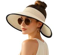 Rosoz Women's Sun Visor Hats Wide Brim Straw Beach Hat Ponytail Hats for Women Foldable Floppy, 1pack-beige2, 6 3/4/ 6 7/8