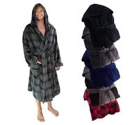Ross Michaels Mens Robe Hooded Wrap Style - Mid Length Plush Fleece Bathrobe, Grey Plaid, XXL/3XL