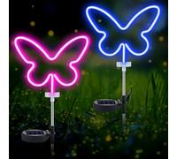Rossesay 2 Pcs Solar Butterfly Neon Lights, Big LED Solar Garden Stake Waterproof Neon Butterfly Stake Lights for Yard Lawn Garden Outdoor Decor, Gardening Gifts for Women Mom