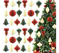Rossesay 27 Pcs Paper Christmas Ornaments Neutral Textured Xmas Mini Honeycomb Lantern with Glitter Edge Vintage Party Decoration Christmas Paper Tree Ornaments for Party Indoor(Red, Green, Gold)
