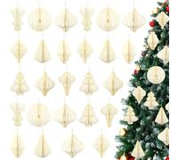 Rossesay 27 Pcs Paper Christmas Ornaments Neutral Textured Xmas Mini Honeycomb Lantern with Glitter Edge Vintage Party Decoration Christmas Paper Tree Ornaments for Party Indoor(Gold)