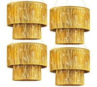 Rossesay 4 Pcs 2 Tier Fringe Tinsel Chandelier Iridescent Foil Party Disco Ball Decor Chandelier Decoration Metallic Foil Shimmering Bachelorette Party Decor Photo Booth Supplies (Gold)