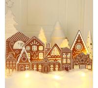 Rossesay Christmas Gingerbread House Tabletop Decorations with Light Wooden Christmas Village Centerpieces Gingerbread Xmas Decor for Table Farmhouse Rustic Xmas Decoration with Base