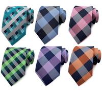 Rossika Lot 6 Pcs Mens Plaid Ties Checks Jacquard Woven Silk Tie Long Formal Necktie (Teal Grey, Green, Blue, Purple, Pink, Orange Navy)