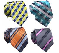 Rossika Men's 4 Pack Plaid White Silver Jacquard Woven Silk Tie Bpys Formal Necktie Teal Silver, Yellow Blue, Blue Navy, Gray Pink