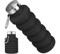 ROSSRORE Leak-Proof Foldable Water Bottle, 16 oz Portable Reusable Silicone Water Bottle, BPA-Free, with Carabiner Clip, Lightweight Suitable for Gym, Travel, Camping, Hiking, Sports Black