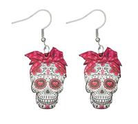 ROSTIVO Acrylic Gothic Pink Ribbon Sugar Skull Dangle Earrings for Women - Breast Cancer Awareness Accessories for National Mammography Day & Breast Cancer Awareness Month,Gifts for Day of the Dead