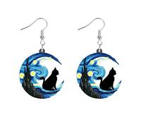 ROSTIVO Acrylic Starry Night Black Cat Earrings - Unique Boho Dangle Jewelry for Women & Teachers, Inspired by Van Gogh - Aesthetic Gifts for Halloween, Christmas, Valentine’s Day & Teacher