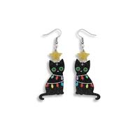ROSTIVO Black Cat Acrylic Earrings - Glitter Star & Christmas Light Design, Festive Halloween, Holiday Party, Everyday Fun & Gift for Cat Lovers