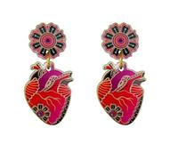 ROSTIVO Fun Gothic Dangle Earrings for Women - Acrylic Boho Statement Jewelry with Anatomical Heart and Mexican Folk Flowers for Day of the Dead, Halloween, Festival Wear