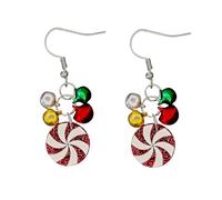 ROSTIVO Jingle Bell & Peppermint Swirl Dangle Earrings for Women - Festive Christmas Holiday Jewelry