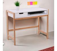 Orsina White 1 Drawer Desk, Durable Computer Desk With Natural Wood Legs, Study Table Bedside Desk For Home