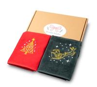 Rosula Studio Christmas Towels Gift Set - 2 Pack Red & Green Embroidered 500gsm Cotton Velour Hand Towels 40×50 cm - Premium Gift Boxed Holiday Kitchen & Bathroom Decor