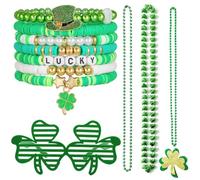 rosulasi St Patricks Day Accessories Green Beads Shamrock Necklaces Charm Stretch Bracelets Clover Glasses Irish Saint Patricks Costume Parade Throw Decorations Party Favor Jewelry for Women Men