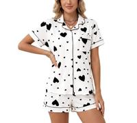 ROSVAJFY 2 Piece Women Pyjamas Set Short Sleeve Heart Print Pjs Button Down Pajama Soft Shirts + Shorts Comfy Sleepwear Ladies Nightwear Summer Valentine's Day