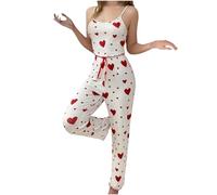 ROSVAJFY 2 Pieces Soft Pajama Set for Women Love Print Summer Trousers Pajama Sets Sexy Sleeveless Pajamas Elastic Waisted Loungewear Homewear (UK, Alpha, L, Regular, Regular, White(red heart))