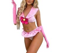 ROSVAJFY Halloween Role Play Costume Sexy 4 Piece Pink Sailor Lingerie Set with Gloves, V-Neck Babydoll Crop Top and Mini Skirt Fancy Dress Underwear for Women Party Outfit Cosplay Accessories