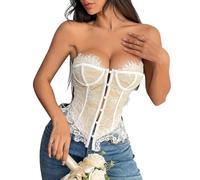 ROSVAJFY Lace Corset Top for Women, Strapless Boned Bustier Going Out Tops Bodycon Shapewear Lingerie Button Down Push Up Top for Party, Club, Night Out (UK, Alpha, S, Regular, Regular, White)