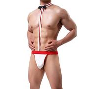 ROSVAJFY Men's Sexy Bow Tie Bodysuit Thong Waiter Cosplay Costume, Mankini Beach Swimwear Suspender Thong Elastic G-String Butler Borat Underwear (UK, Alpha, One Size, Regular, Regular, Red)