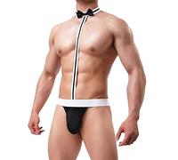 ROSVAJFY Men's Sexy Bow Tie Bodysuit Thong Waiter Cosplay Costume, Mankini Beach Swimwear Suspender Thong Elastic G-String Butler Borat Underwear (UK, Alpha, One Size, Regular, Regular, Black)