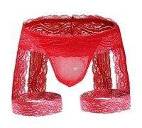 ROSVAJFY Men's Sexy Lace Sissy Boxer Briefs, Sheer Thong Bikini with Garters, See Through Stretch Underwear Trunks, T-Back G-String, Hollow Pouch Underpants, Low-Rise Jockstrap Panties (Red)