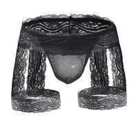 ROSVAJFY Men's Sexy Lace Sissy Boxer Briefs, Sheer Thong Bikini with Garters, See Through Stretch Underwear Trunks, T-Back G-String, Hollow Pouch Underpants, Low-Rise Jockstrap Panties (Black)
