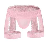 ROSVAJFY Men's Sexy Lace Sissy Boxer Briefs, Sheer Thong Bikini with Garters, See Through Stretch Underwear Trunks, T-Back G-String, Hollow Pouch Underpants, Low-Rise Jockstrap Panties (Pink)