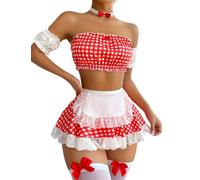 ROSVAJFY Sexy Red Plaid Maid Costume Sweet Cosplay Lingerie Set with Stocking 5 Piece Anime French Lace Role Play Outfit Naughty Babydoll Uniform Frill Apron Fancy Dress Top+Mini Skirt+Sleeves+Choker