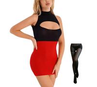 ROSVAJFY Sexy Secretary Cosplay Uniform Women's Lingerie Set with Stockings Figure-hugging Cut-out Mini Dress Bodycon Dress Role Play Teacher Outfit Babydoll Lingerie (Black+Red)