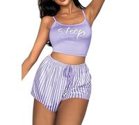 ROSVAJFY Women 2 Pieces Pajamas Set Letter Print Camisole Top Striped Drawstring Shorts Set Scoop Neck Sleeveless Loungewear Sleepwear Summer Nightwear (UK, Alpha, M, Regular, Regular, Purple)