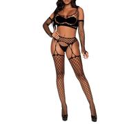 ROSVAJFY Women’s Fishnet Lingerie Set Mesh Lace Top and Garter Belt with Mesh Stockings Sexy Hollow-Out Sleepwear Evening Wear Boudoir Outfit (Black, One Size)