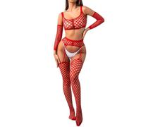 ROSVAJFY Women’s Fishnet Lingerie Set Mesh Lace Top and Garter Belt with Mesh Stockings Sexy Hollow-Out Sleepwear Evening Wear Boudoir Outfit (Red, One Size)
