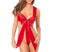 ROSVAJFY Women’s Naughty Satin Bowknot Teddy Lingerie, Red Unwrap Me Sexy Babydoll Underwear, Ladies Big Bow Valentine's Day Gift Bodysuit, Cute Backless One Piece Sleepwear (Red)
