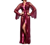 ROSVAJFY Women’s Sexy Floral Lace Kimono Robe Beach Cover Up Dressing Gown Bathrobe Long Sleeve Sheer Mesh Loungewear (UK, Alpha, One Size, Regular, Regular, Burgundy)