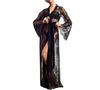 ROSVAJFY Women’s Sexy Floral Lace Kimono Robe Beach Cover Up Dressing Gown Bathrobe Long Sleeve Sheer Mesh Loungewear (UK, Alpha, One Size, Regular, Regular, Black)