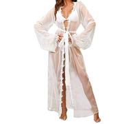 ROSVAJFY Women’s Sheer Mesh Lingerie Robe See Through Long Kimono Lace Trim Long Bridal Robe Dressing Gown Sleepwear Nightwear Swimsuit Bikini Cover Up Cardigan with Satin Belt (White)