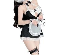 ROSVAJFY Women Sexy French Maid Cosplay Lingerie Lolita Kawaii Outfit Sweet Servant Anime Costume Halter Babydoll Dress Maid Apron Halloween Role Play Underwear Fancy Dress (Black)