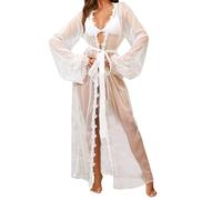 ROSVAJFY Women Sheer Mesh Long Kimono Robe Lace Trim Night Gown Cover Up | Sexy Flare Sleeve Transparent Tulle Dressing Gown, See Through Bathrobe, Belted Bridesmaid Nightwear Sexy Honeymoon Party