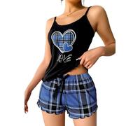 ROSVAJFY Women's 2 Pieces Pyjama Set Heart Print Cami Top + Plaid Shorts Summer Sleepwear Ruffle Hem Camisole Top Ladies Soft Loungewear PJs Nightwear with Satin Bow